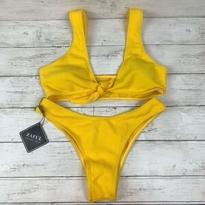 Zaful Yellow Bikini Knot Size 4 Tie Front Set Vacation Resort Bright